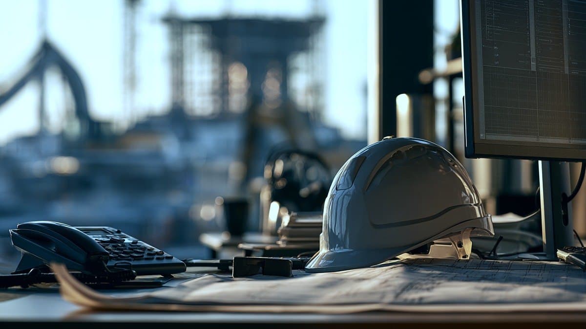 Baustellenbüro mit Schutzhelm, Bauplan und Telefon, im Hintergrund eine Baustelle